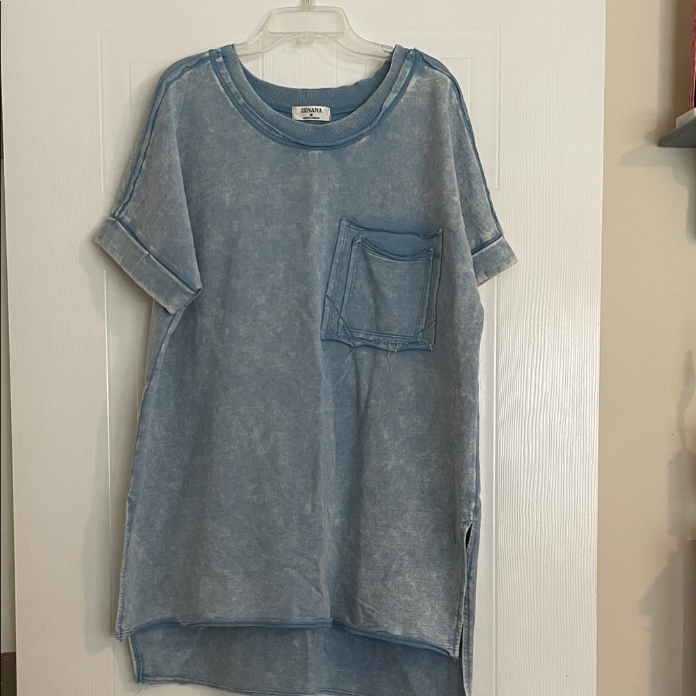 Zenana Outfitters Washed Blue Short Sleeve Pocket Tee